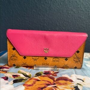 MCM Pink Flap Cognac Visetos Wallet